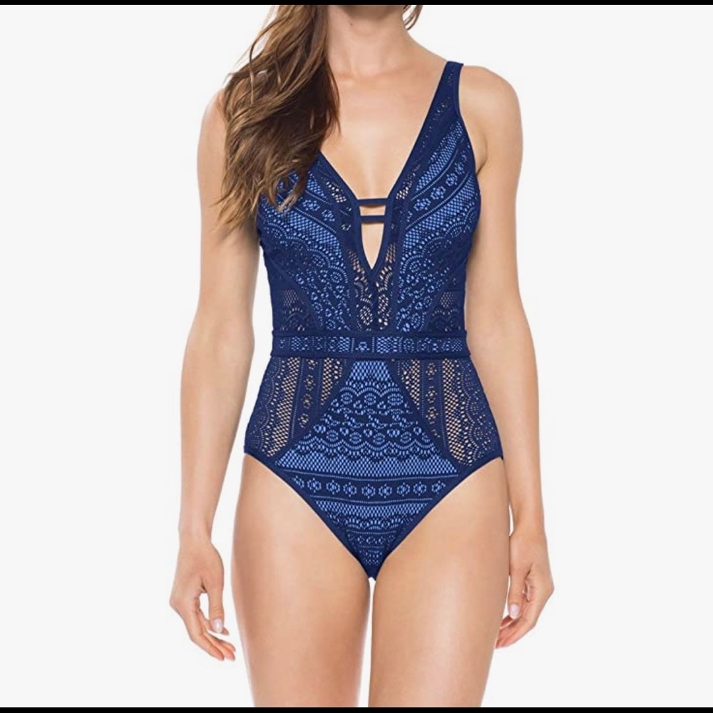 Becca keyhole plunge one piece swimsuit in navy